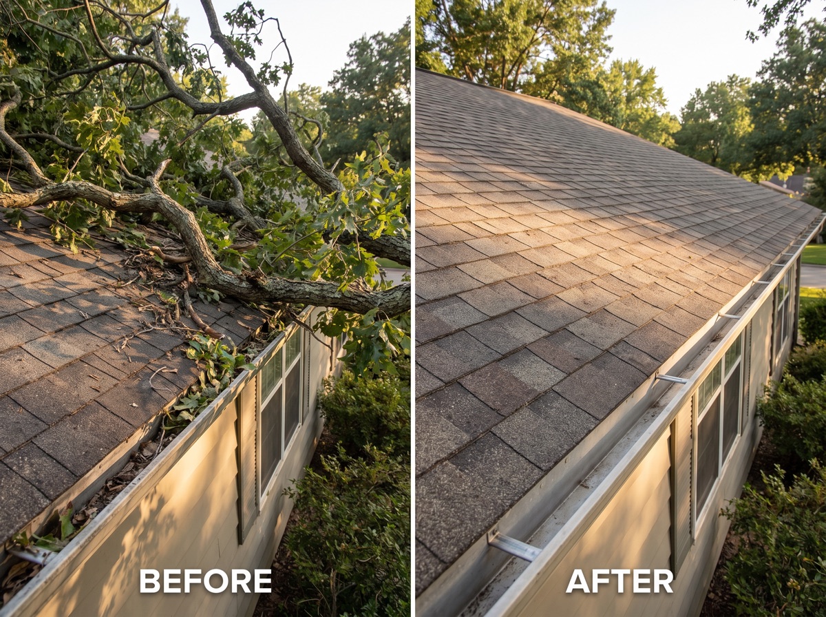 Before and after: overgrown canopy pruned back off a roof