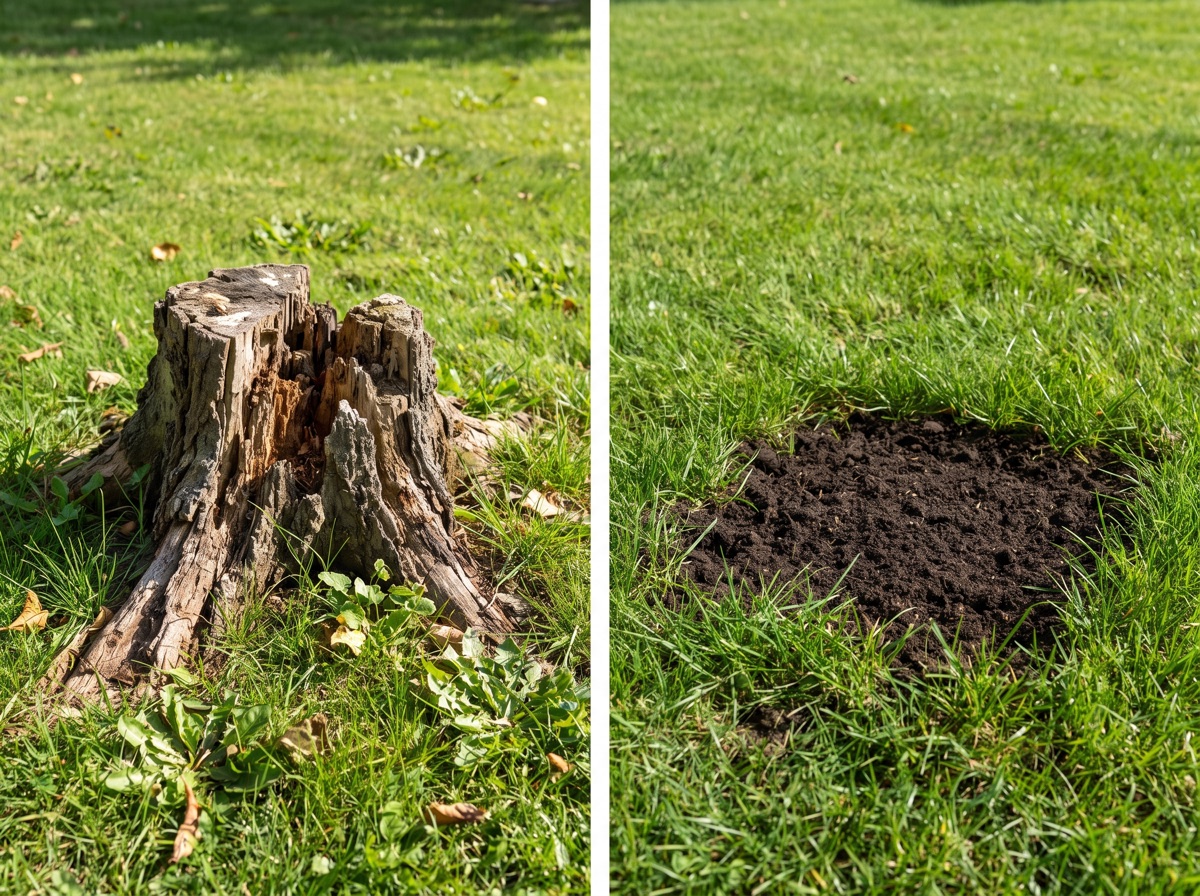 Before and after: stump ground down and yard restored